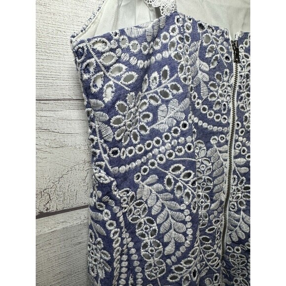 Alice + Olivia 'Honor' Embroidered-Eyelet Cotton Mini-Dress, Chambray  SIZE 4 - Picture 5 of 10